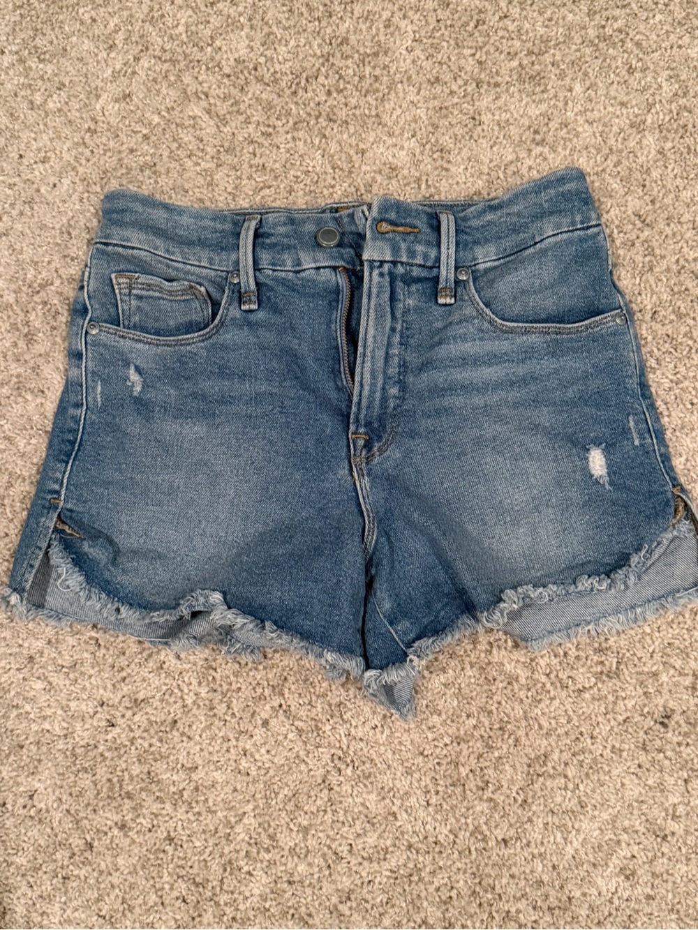 Good American Distressed High-Rise Denim Shorts — Blue